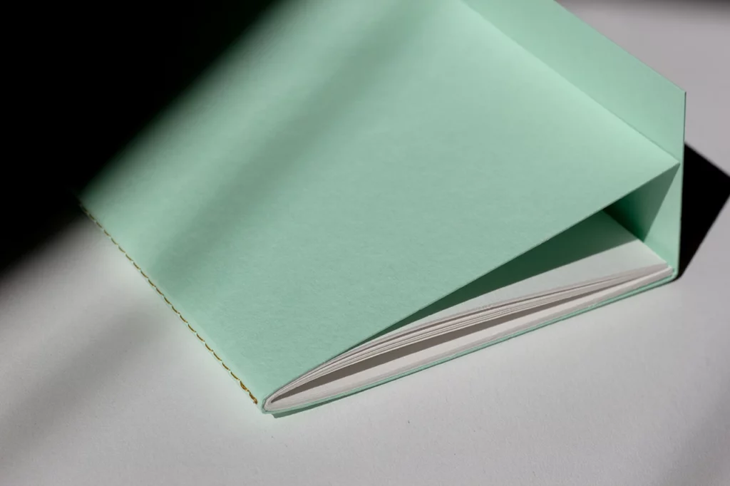 Carnet fait main à l'atelier Forme contre forme avec une reliure Singer et une couverture à rabat vert d'eau.