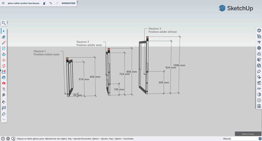 Plan des différentes hauteurs de ma table modulable, réalisé avec le logiciel SketchUp.