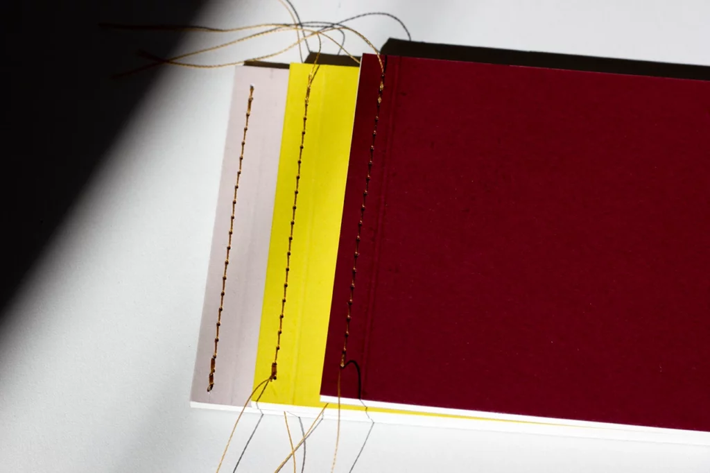 Trois carnets faits main à l'atelier Forme contre forme avec une reliure Singer et cousus à plat.