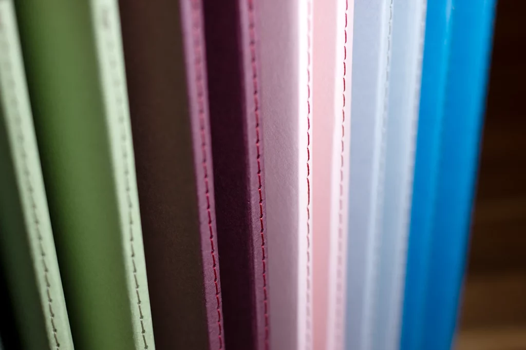 Zoom sur les carnets faits main à l'atelier Forme contre forme avec une reliure Singer et des couvertures colorées en vues de dos.