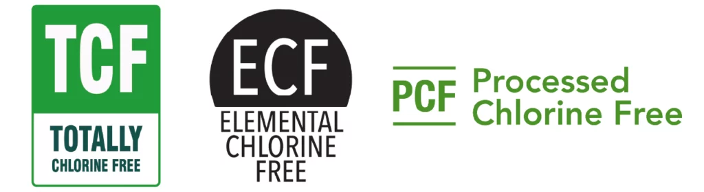 Logos des procédés de blanchiment du papier : de gauche à droite, TCF, ECF et PCF.