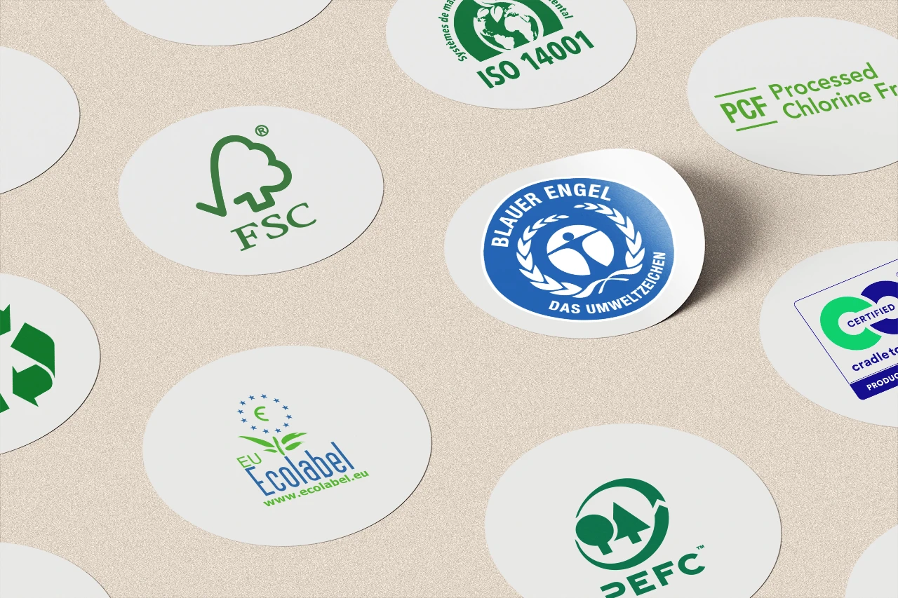 Mockup des logos des principaux labels utilisés dans l’industrie papetière et sur les papiers écologiques.