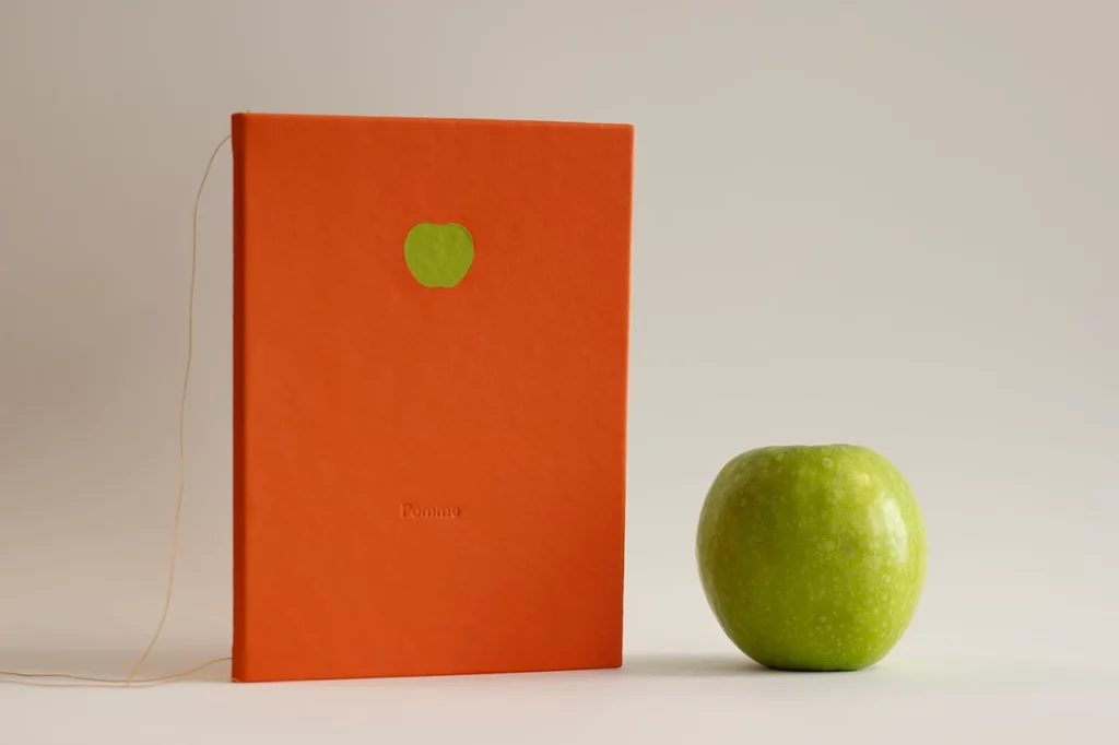 Carnet finalisé, fait main à l'atelier Forme contre forme : reliure Singer et couverture en marqueterie de cuir de pomme SIDRA (Schmedt), orange et vert.