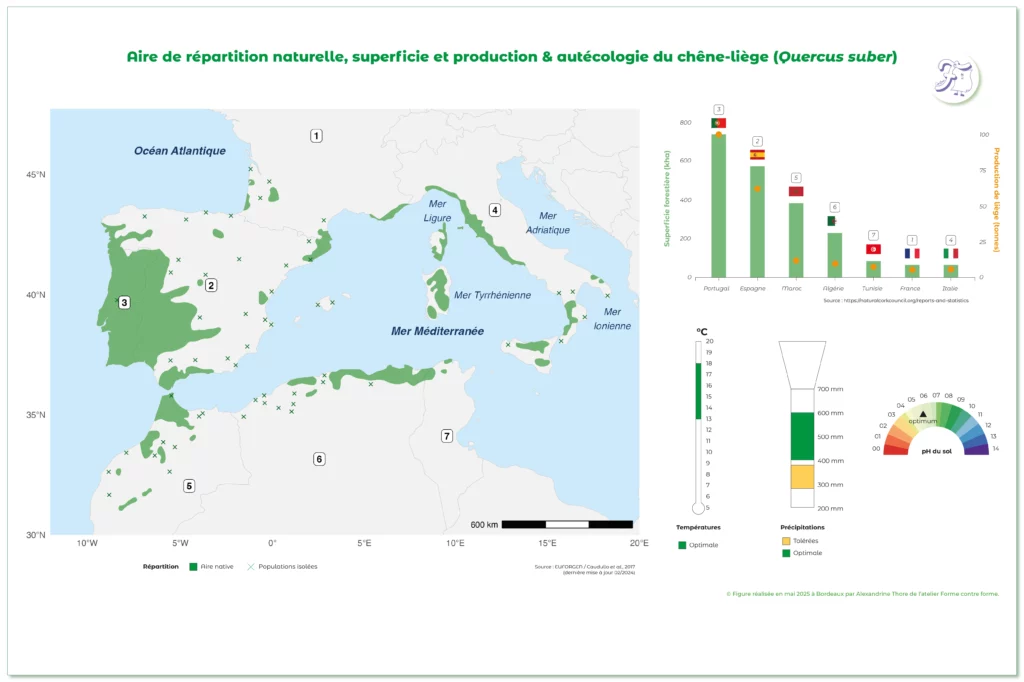 Figure montrant l'aire de répartition naturelle, superficie, production et autécologie du chêne-liège.