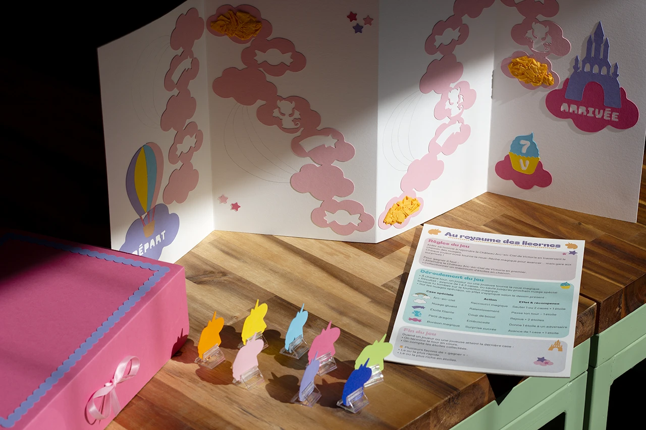 J’ai fabriqué mon tout premier jeu de société en papier pour un atelier d’anniversaire sur le thème des licornes