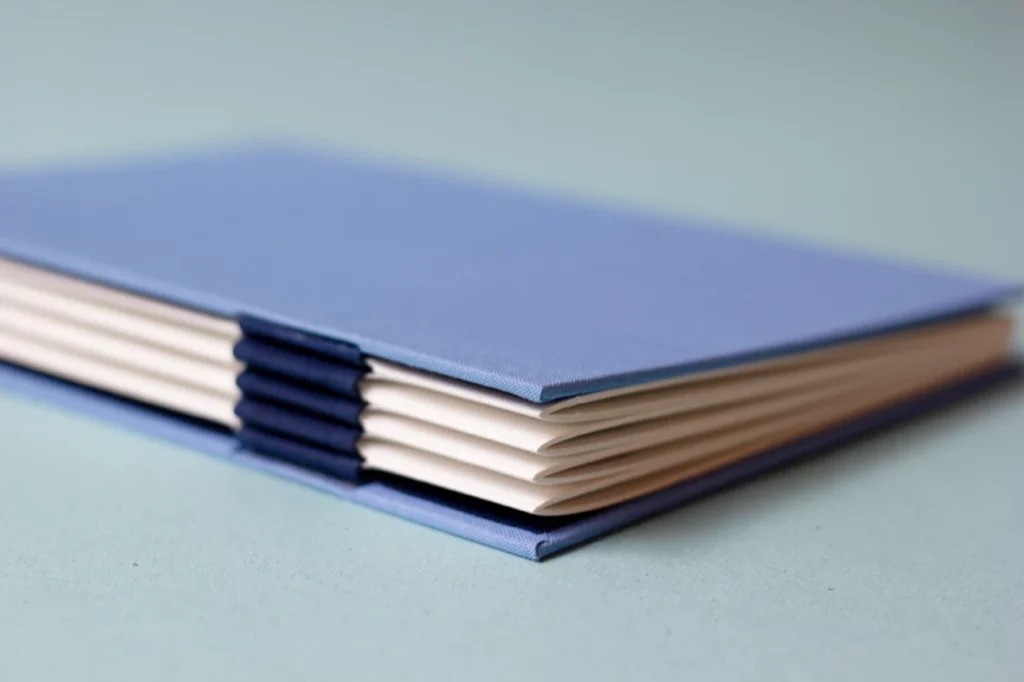 Zoom sur le bas du dos du carnet, présentant une reliure australienne à charnière piano inversée, style plat.