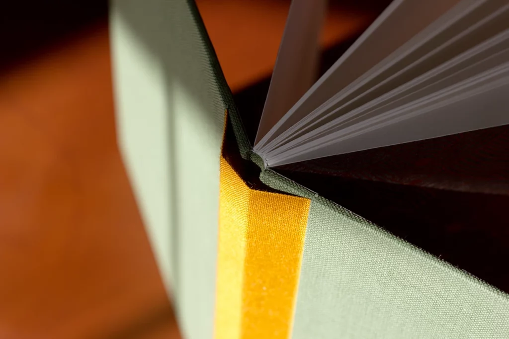 Zoom sur la structure de la reliure Sewn Boards Binding, toile vert olive et moutarde — Atelier Forme contre forme, Bordeaux — vue de dessus, bis.