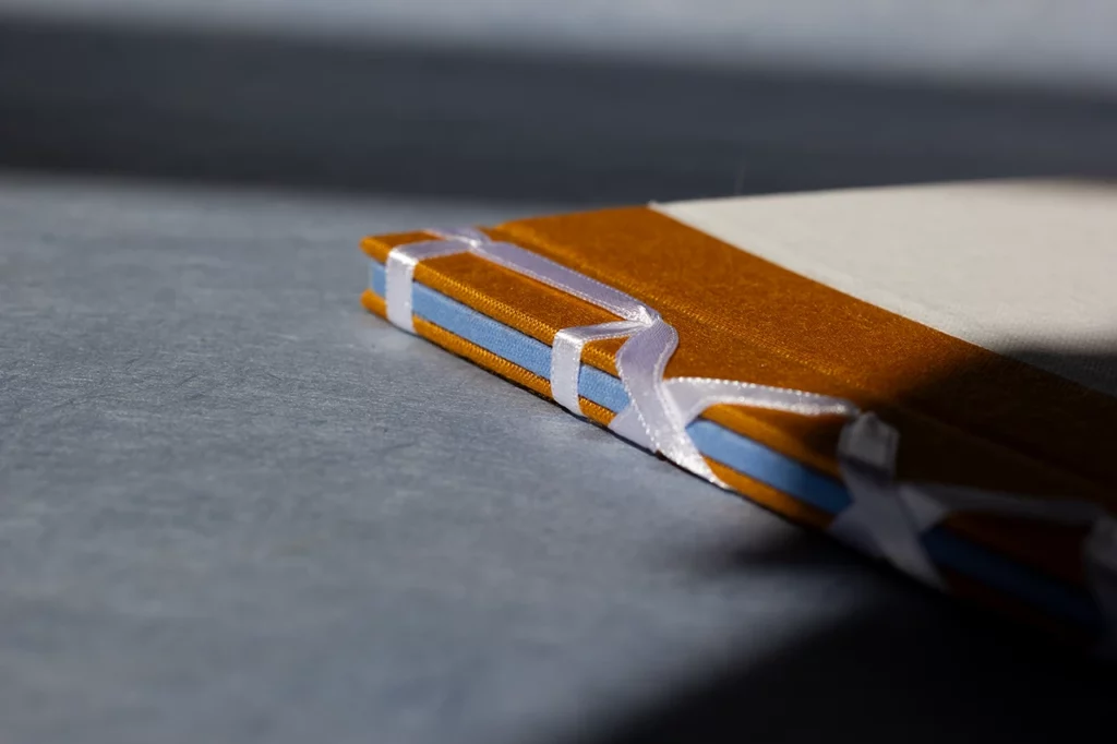 Zoom sur le haut du carnet en reliure japonaise, ruban satiné blanc et dos en toile bleue apparent — Atelier Forme contre forme, Bordeaux.
