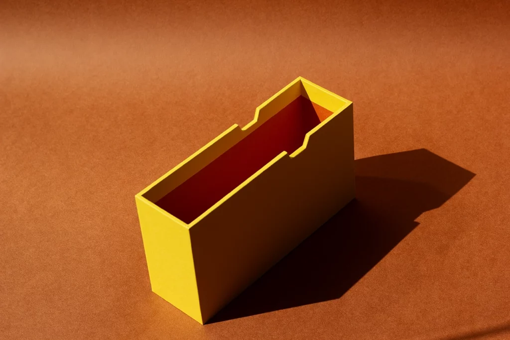 Fourreau rigide sur mesure avec encoche de préhension, papier Fedrigoni Materica Terra Gialla et Terra Rossa — Atelier Forme contre forme, Bordeaux.